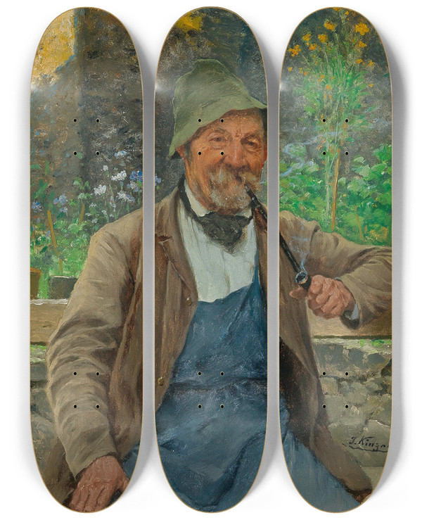 Triptych art skateboard deck of Josef Kinzel The Winemaker by Josef Kinzel (1852-1925)