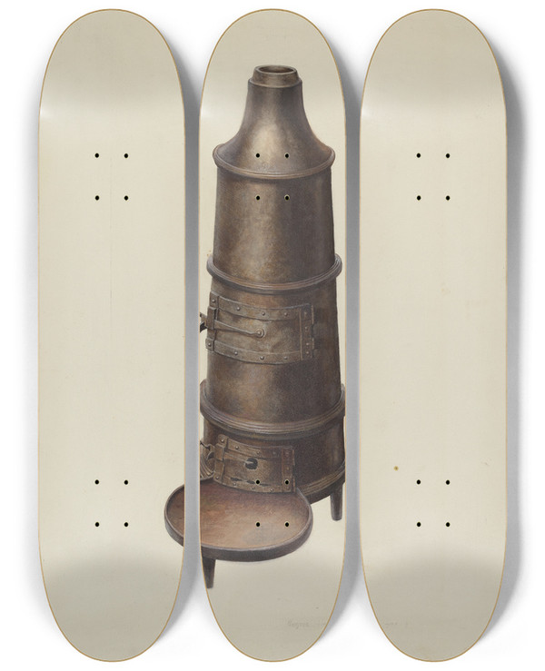 Triptych art skateboard deck of Regina Henderer Cannon Stove by Regina Henderer