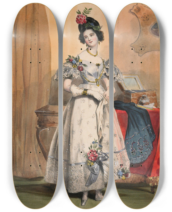 Triptych art skateboard deck of Achille Devria 11 Heures Du Soir Portrait From Les Dixhuit Heures Dune Parisienne by Achille Deveria (1800-1857)