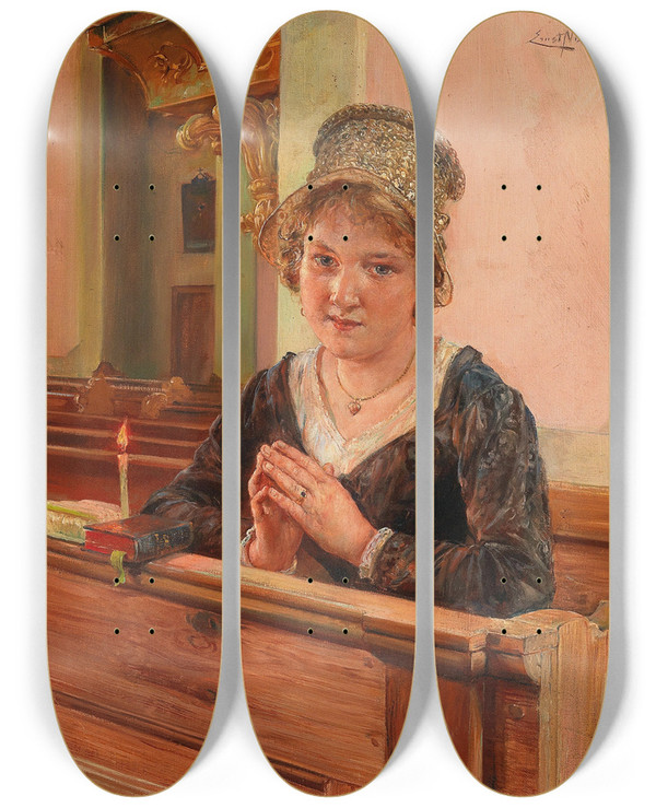 Triptych art skateboard deck of Ernst Nowak Devotions by Ernst Nowak (1853-1919)
