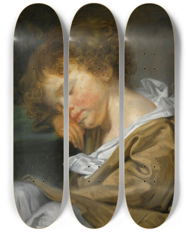 Triptych art skateboard deck of Jeanbaptiste Greuze A Boy Asleep On A Table by Jean-Baptiste Greuze (1725-1805)