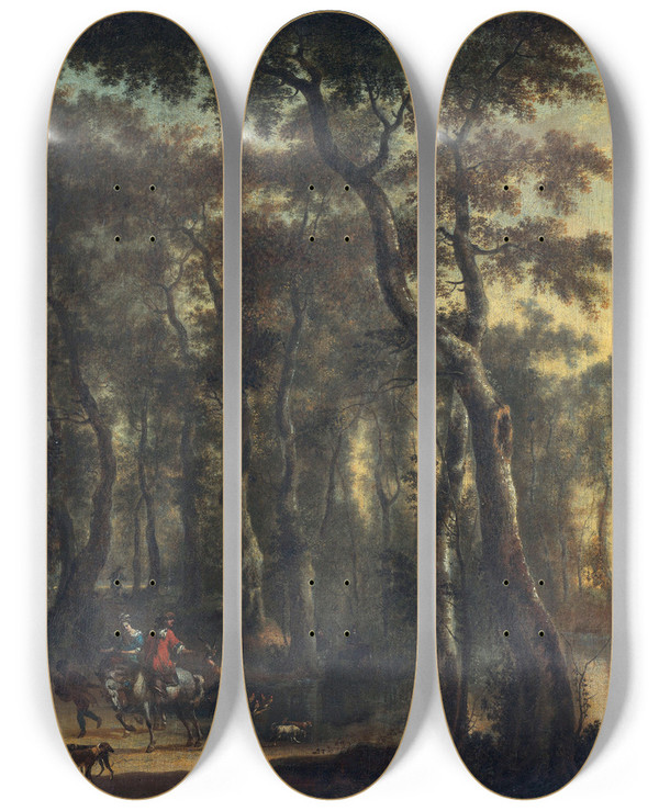 Triptych art skateboard deck of Jan Hackaert Hunters In The Woods by Jan Hackaert (1629-1700)