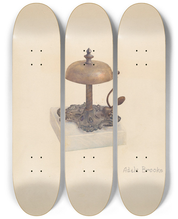 Triptych art skateboard deck of Adele Brooks Cast Iron Table Bell by Adele Brooks