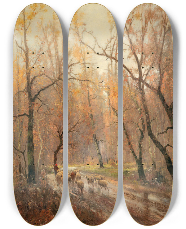 Triptych art skateboard deck of Adolf Kaufmann Shepherdess Returning Home by Adolf Kaufmann (1848-1916)