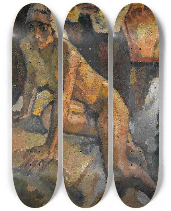 Triptych art skateboard deck of Leo Putz In The Seraglio by Leo Putz (1869-1940)