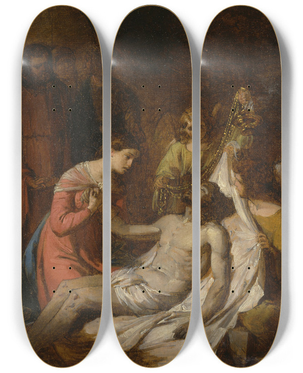 Triptych art skateboard deck of Benjamin West Study Of The Lamentation On The Dead Christ by Benjamin West (1738-1820)