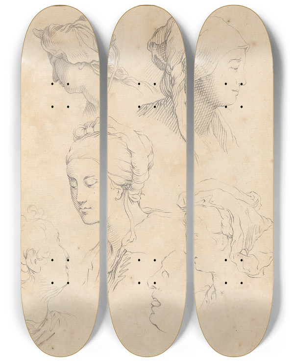 Triptych art skateboard deck of Hamlet Winstanley Six Heads by Hamlet Winstanley (1698-1756)