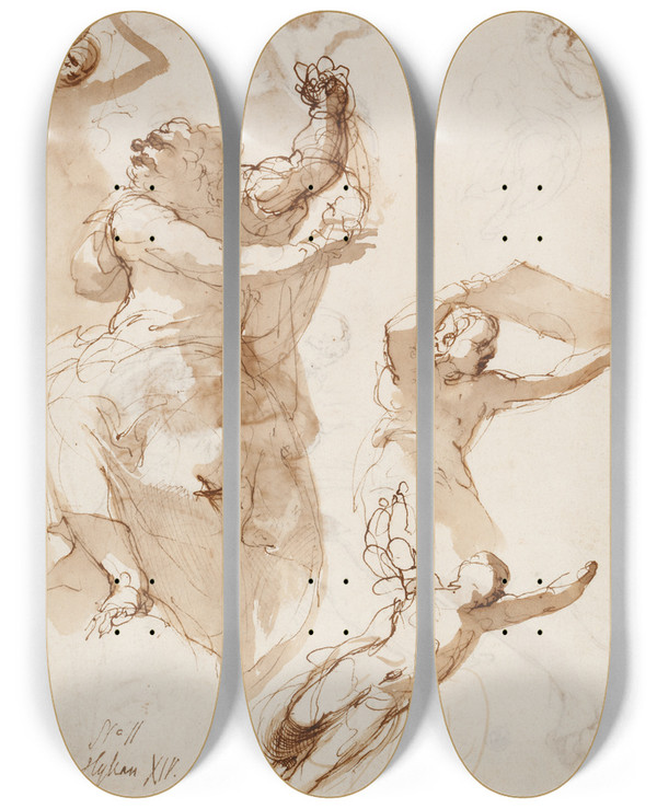 Triptych art skateboard deck of Taddeo Zuccari Studien Zu Einem Sitzenden Propheten Oder Evangelisten Und Zu Engeln by Taddeo Zuccari