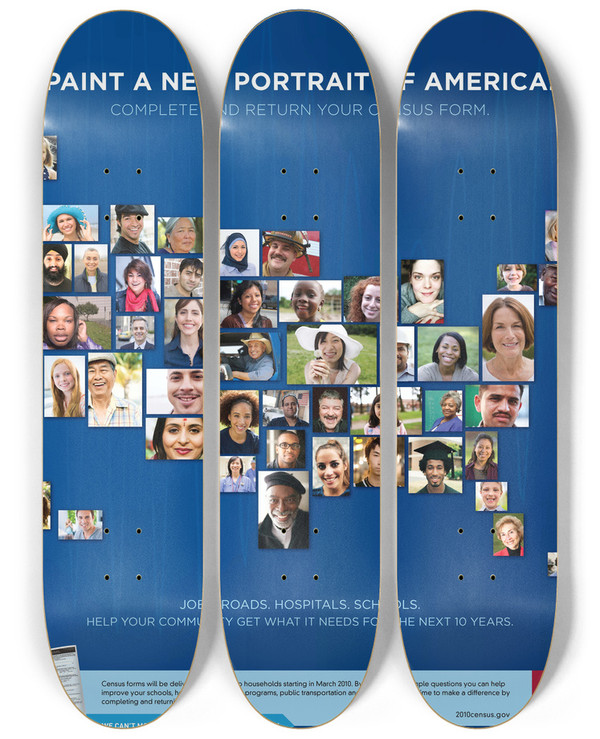 Triptych art skateboard deck of Bureau Of The Census Action Poster by Bureau Of The Census (1902)
