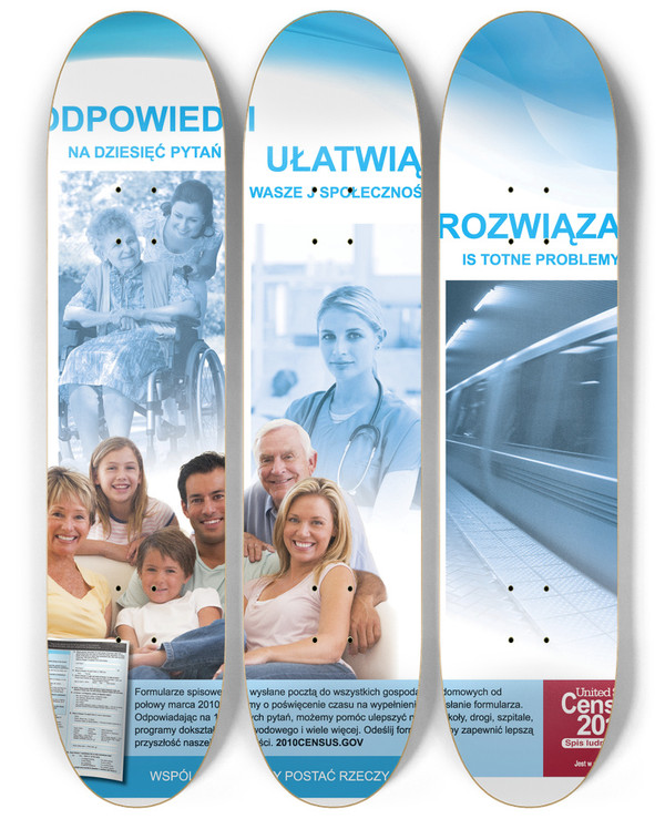Triptych art skateboard deck of Bureau Of The Census Polish Action Poster by Bureau Of The Census (1902)