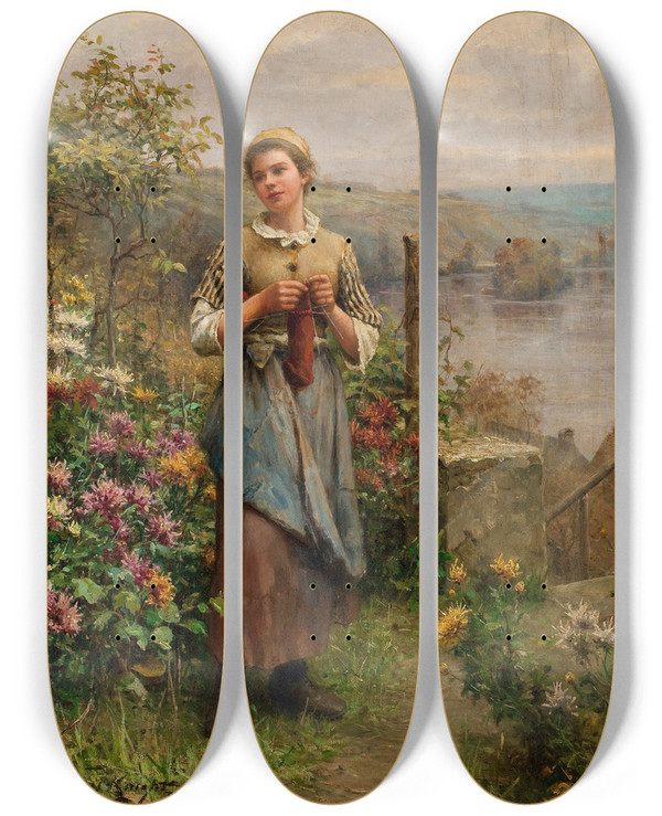 Triptych art skateboard deck of Daniel Ridgway Knight Young Woman Knitting by Daniel Ridgway Knight (1839-1924)