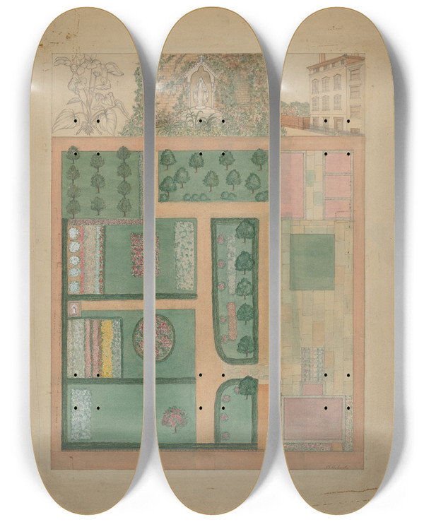 Triptych art skateboard deck of Virginia Richards Parmentier Grounds by Virginia Richards