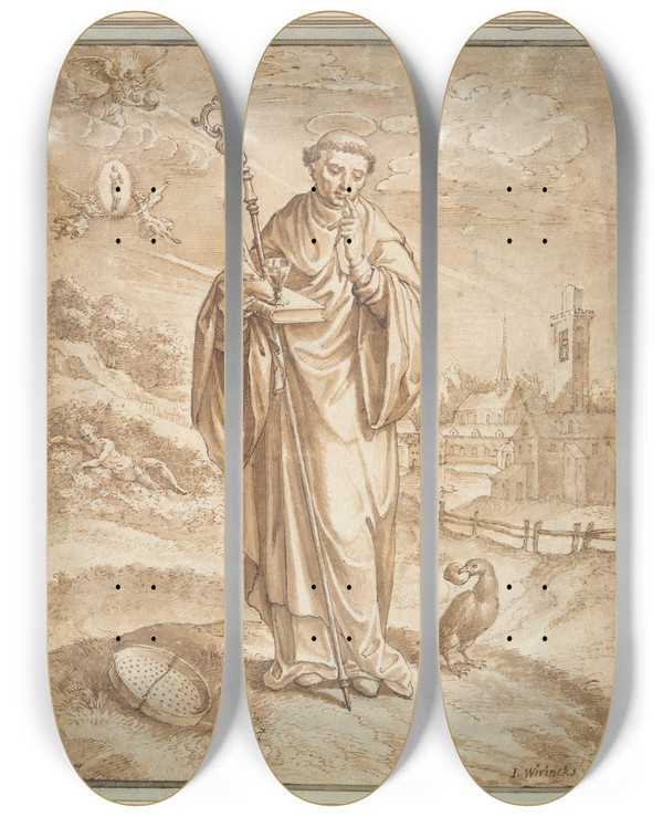 Triptych art skateboard deck of Hieronymus Wierix Saintbenedict by Hieronymus Wierix (1553-1619)