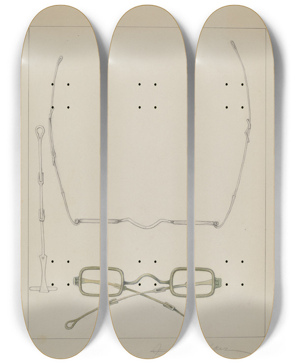 Triptych art skateboard deck of Cora Parker Spectacles by Cora Parker