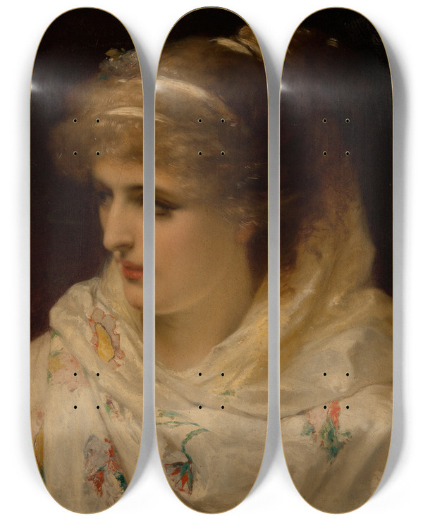 Triptych art skateboard deck of Pierre Olivier Joseph Coomans A Young Beauty by Pierre Olivier Joseph Coomans (1816-1889)