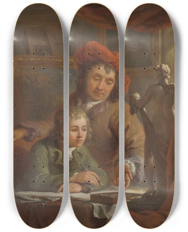 Triptych art skateboard deck of Abraham Van Strij The Drawing Lesson by Abraham Van Strij (1753-1753)