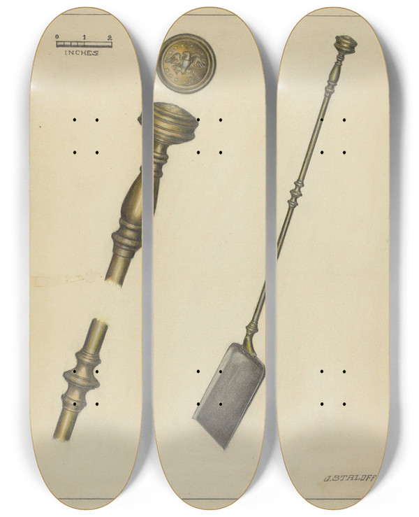 Triptych art skateboard deck of Jack Staloff Fireplace Equipment by Jack Staloff