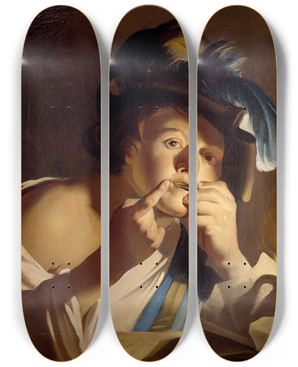 Triptych art skateboard deck of Dirck Van Baburen Young Man With Jews Harp by Dirck Van Baburen (1595-1624)
