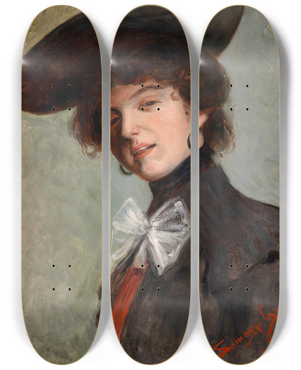 Triptych art skateboard deck of G Somogyi Dame Mit Hut by G Somogyi
