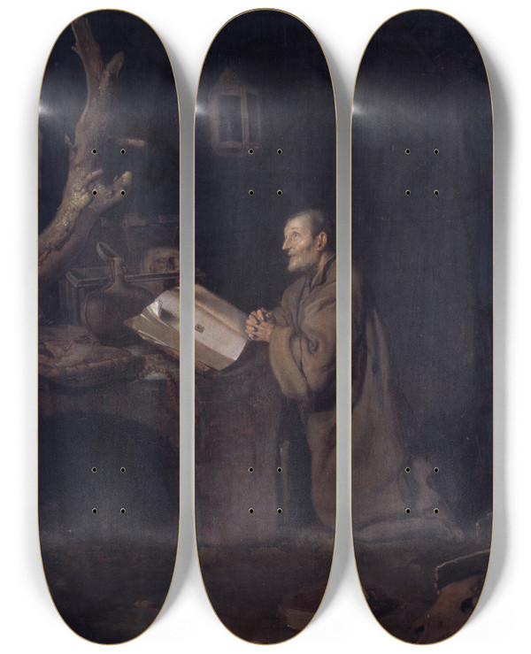 Triptych art skateboard deck of Bartholomeus Maton A Hermit At Prayer by Bartholomeus Maton (1641-1684)