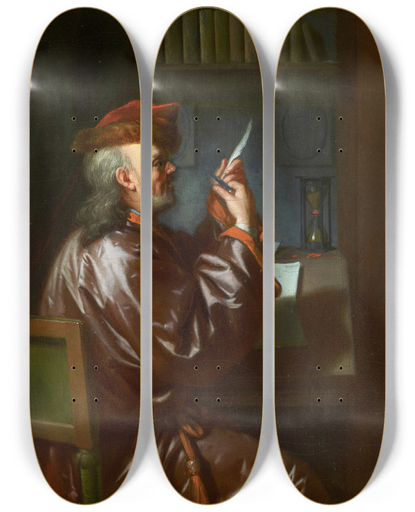 Triptych art skateboard deck of Philip Van Dijk The Bookkeeper by Philip Van Dijk (1683-1753)