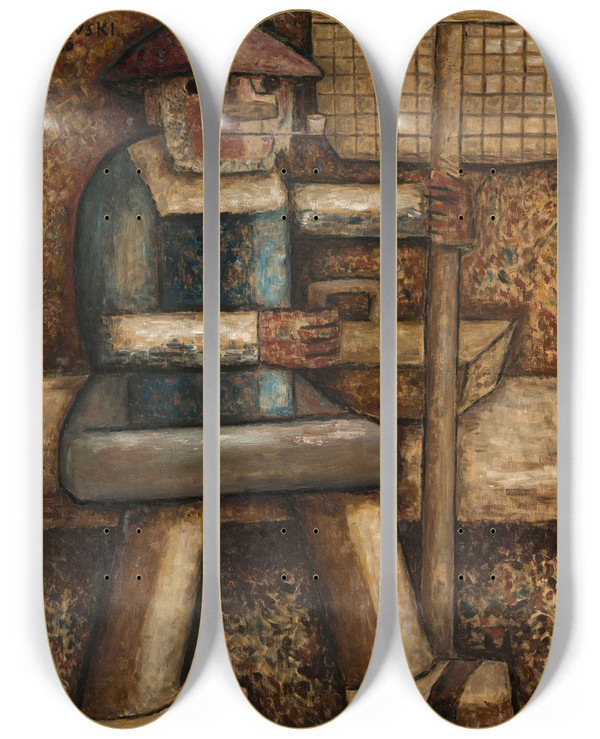 Triptych art skateboard deck of Tadeusz Makowski Fisherman by Tadeusz Makowski (1882-1932)