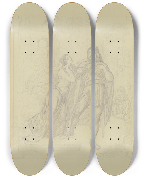 Triptych art skateboard deck of Ferdinand Fellner Siegfrieds Abschied Von Kriemhild_2 by Ferdinand Fellner (1799-1859)