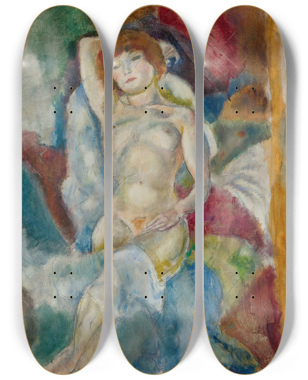 Triptych art skateboard deck of Jules Pascin Nu Le Bras Lev by Jules Pascin (1885-1930)