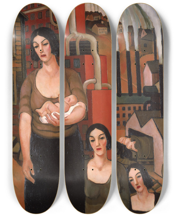 Triptych art skateboard deck of Arthur Durston Industry by Arthur Durston (1889-1938)