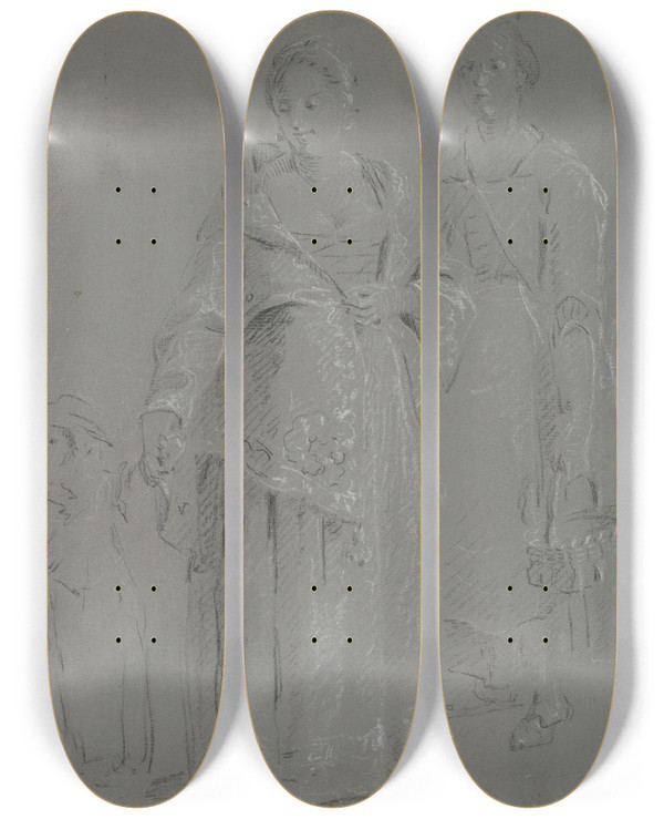 Triptych art skateboard deck of Pierrejacques Volaire Three Figures by Pierre-Jacques Volaire (1729-1802)
