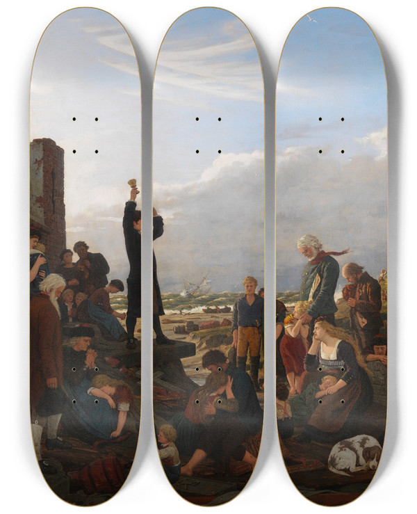 Triptych art skateboard deck of Carl Ludwig Jessen Nach Der Sturmflut by Carl Ludwig Jessen (1833-1917)