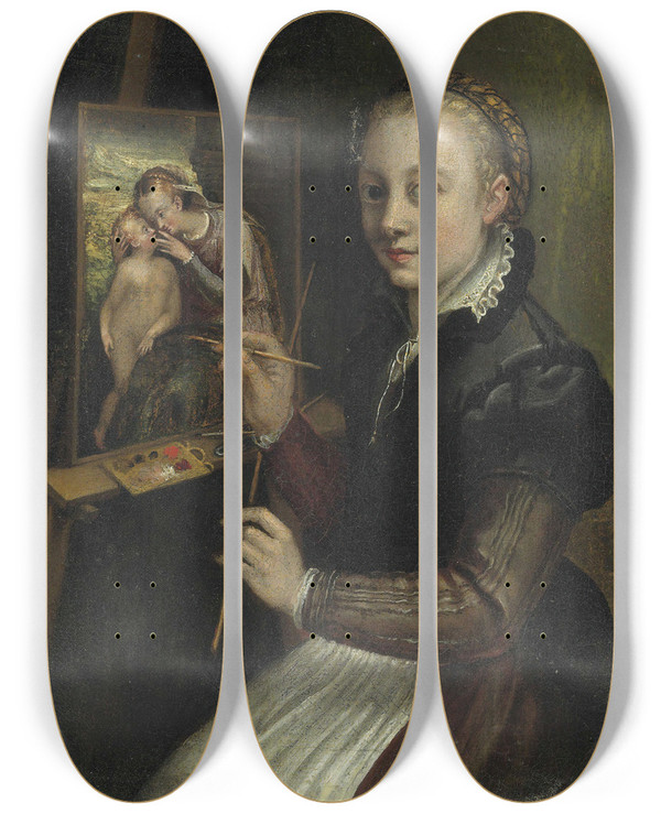 Triptych art skateboard deck of Sofonisba Anguissola Self Portrait by Sofonisba Anguissola (1530-1625)