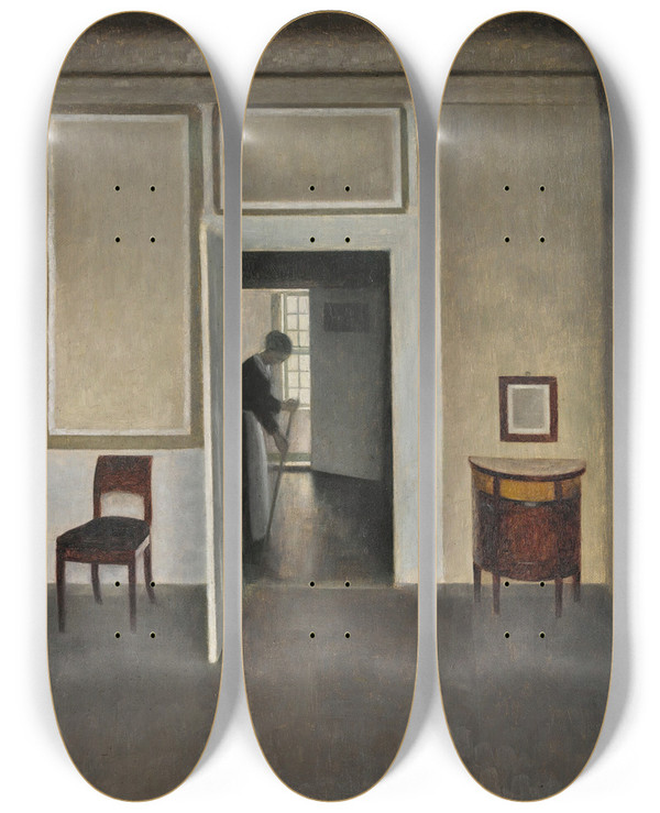 Triptych art skateboard deck of Vilhelm Hammershi Interior Strandgade 30_2 by Vilhelm Hammershoi (1864-1916)