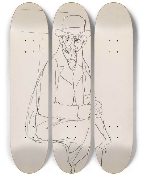Triptych art skateboard deck of Michael Healy A Scowling Man On A Train by Michael Healy (1873-1941)