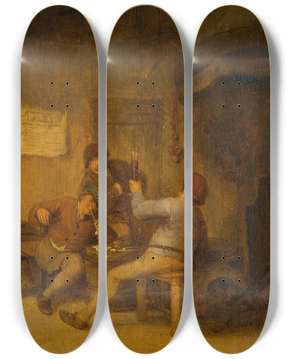 Triptych art skateboard deck of Adriaen Van Ostade Peasants Drinking And Smoking by Adriaen Van Ostade (1610-1684)