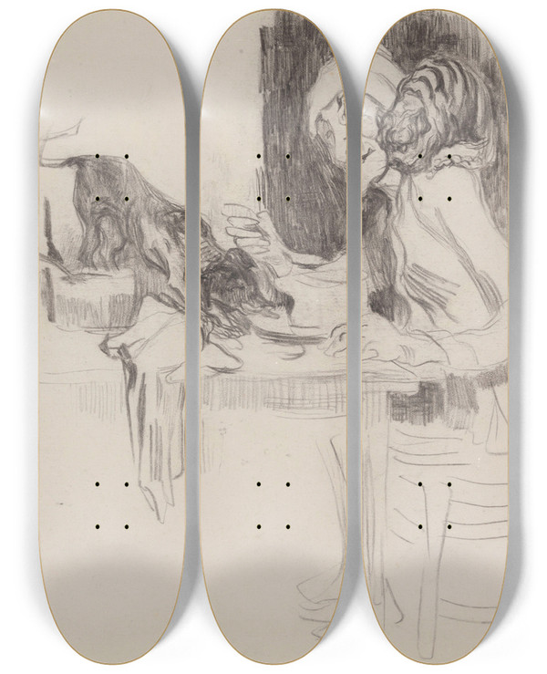 Triptych art skateboard deck of James Ensor Dining Single Man by James Ensor (1860-1949)