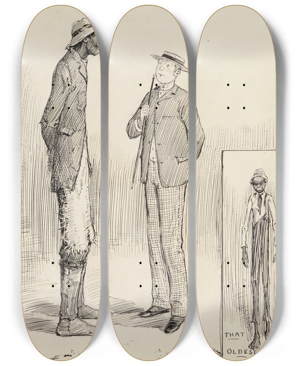 Triptych art skateboard deck of Peter Newell That Oldest Boy by Peter Newell (1862-1924)