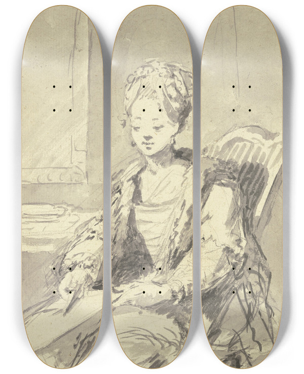 Triptych art skateboard deck of Johann Emanuel Goebel Dame Auf Einem Stuhl Sitzend by Johann Emanuel Goebel