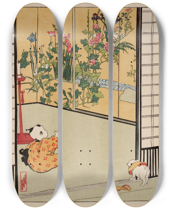 Triptych art skateboard deck of Helen Hyde Interior Decoration by Helen Hyde (1868-1919)