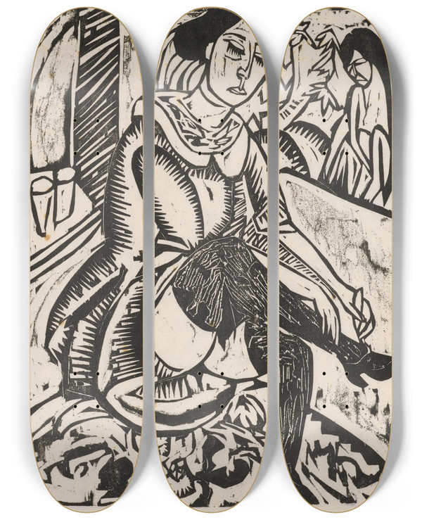 Triptych art skateboard deck of Ernst Ludwig Kirchner Frau Schuh Zuknpfend_1 by Ernst Ludwig Kirchner (1880-1938)