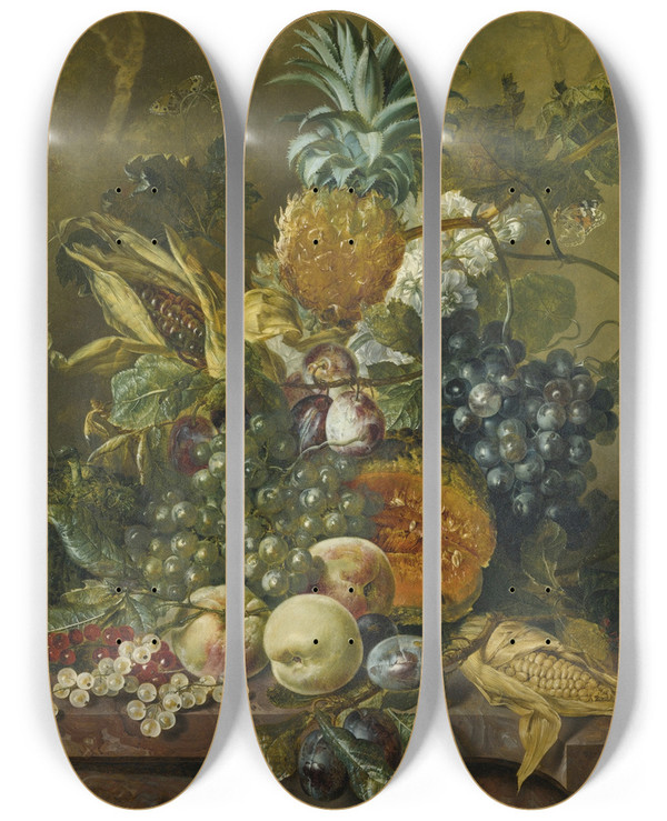 Triptych art skateboard deck of Jacobus Linthorst A Pineapple Plums Grapes And Other Fruit With Corn On A Marble Ledge by Jacobus Linthorst (1745-1815)