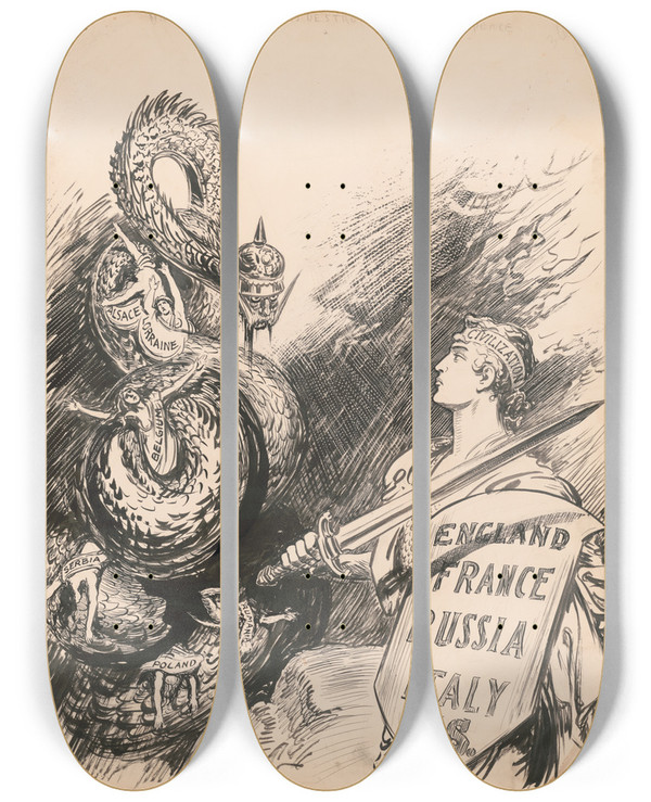 Triptych art skateboard deck of William Allen Rogers Until This Monster Is Destroyed There Is No Peace by William Allen Rogers (1854-1931)