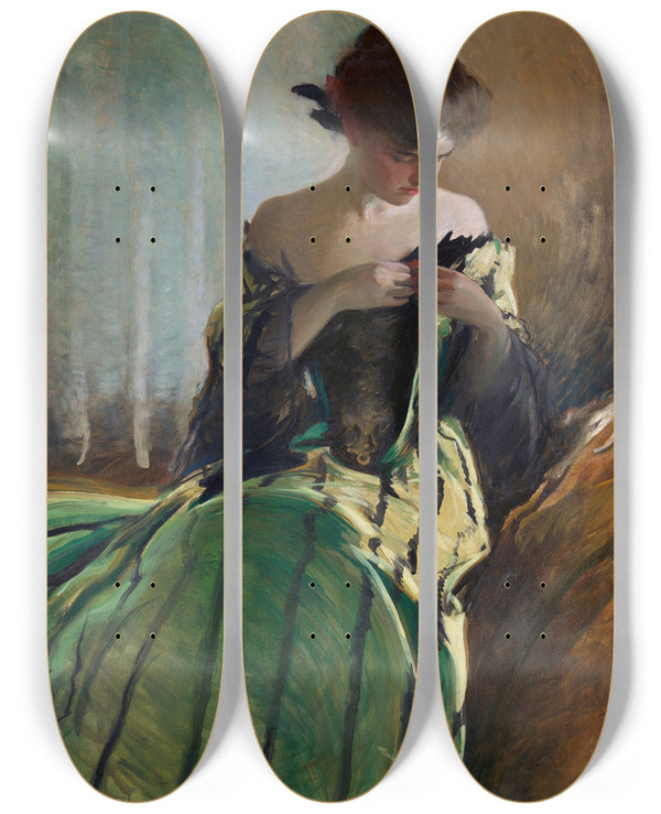 Triptych art skateboard deck of John White Alexander Study In Black And Green by John White Alexander (1856-1915)