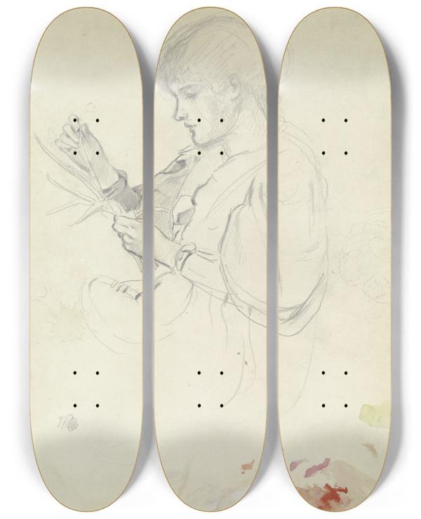 Triptych art skateboard deck of Otto Scholderer Sitzendes Mdchen Im Profil Flechtend by Otto Scholderer (1834-1902)