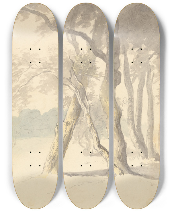 Triptych art skateboard deck of Robert Hills Woodland Study by Robert Hills (1769-1844)