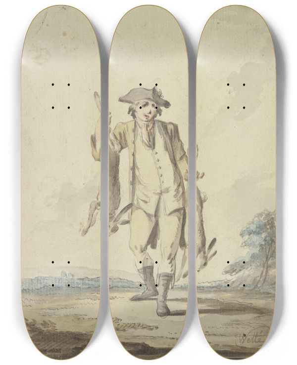 Triptych art skateboard deck of Gottlieb Welt Jger Zwei Erlegte Hasen Tragend by Gottlieb Welte (1745-1792)
