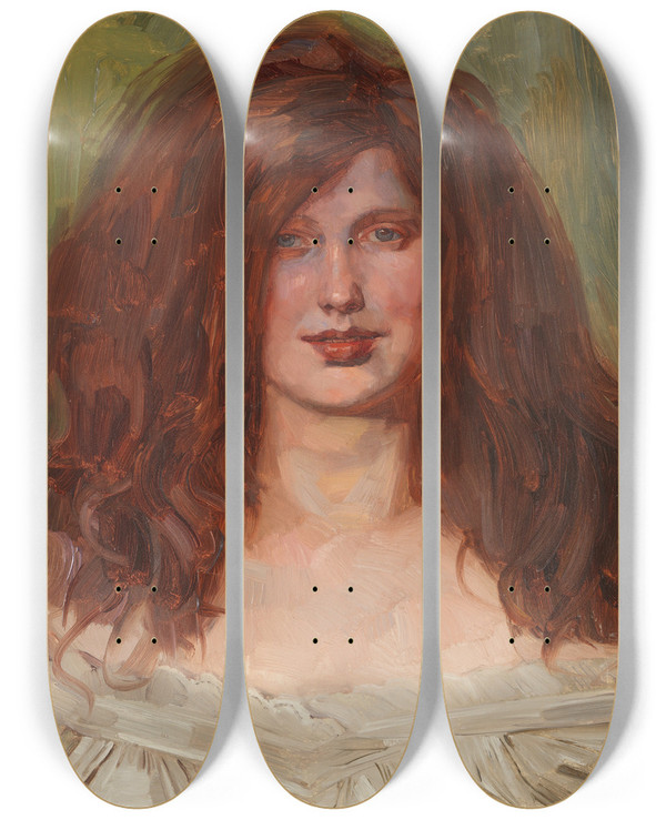 Triptych art skateboard deck of Wilhelm Trbner Mdchenkopf Mit Aufgelstem Haar I by Wilhelm Trubner (1851-1917)