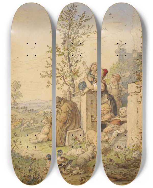 Triptych art skateboard deck of Adrian Ludwig Richter Spring Has Arrived by Adrian Ludwig Richter (1803-1884)