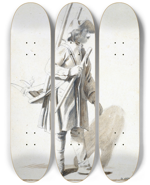 Triptych art skateboard deck of Edm Bouchardon Portefaix Crocheteur by Edme Bouchardon (1698-1762)