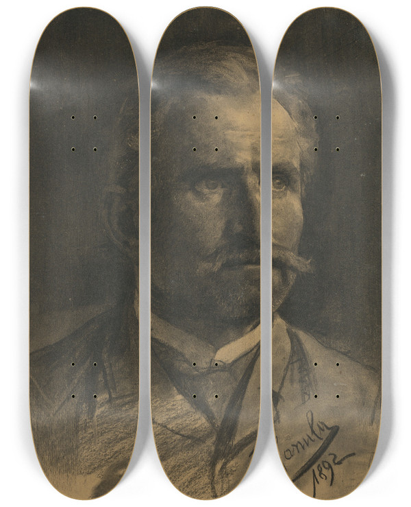 Triptych art skateboard deck of Jozef Hanula Study Of A Mans Head With A Beard And Mustache by Jozef Hanula (1863-1944)